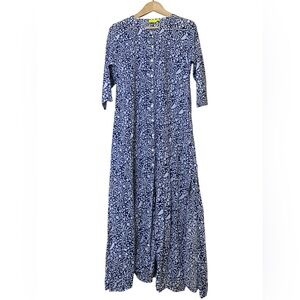 Roller Rabbit Navy‎ Damask Print Long Sleeve Maxi Dress Cover-Up Boho Size M